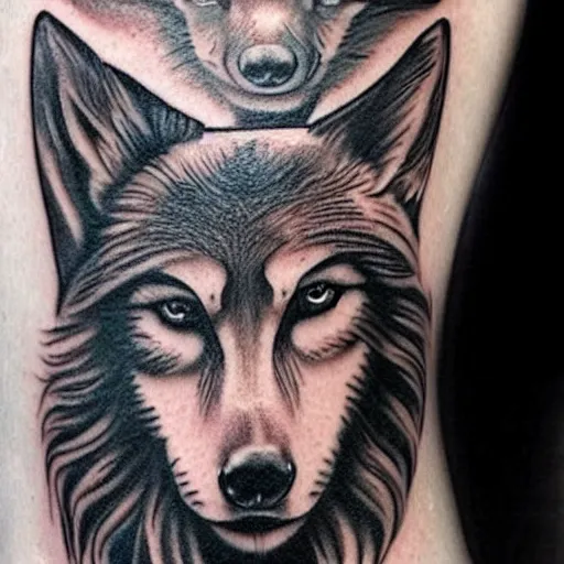 Prompt: a tattoo design of a beautiful girl under a wolf head, in the style of den yakovlev, hyper - realistic, amazing detail