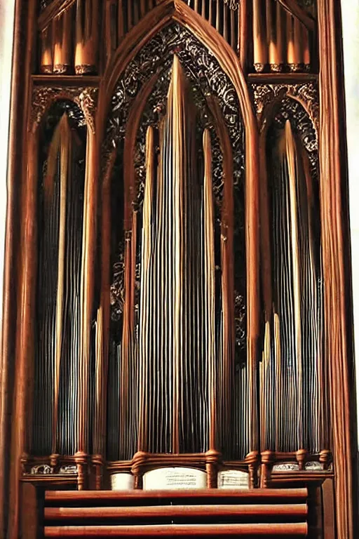 Image similar to pipe organ gothic by grant wood, carpenter gothic