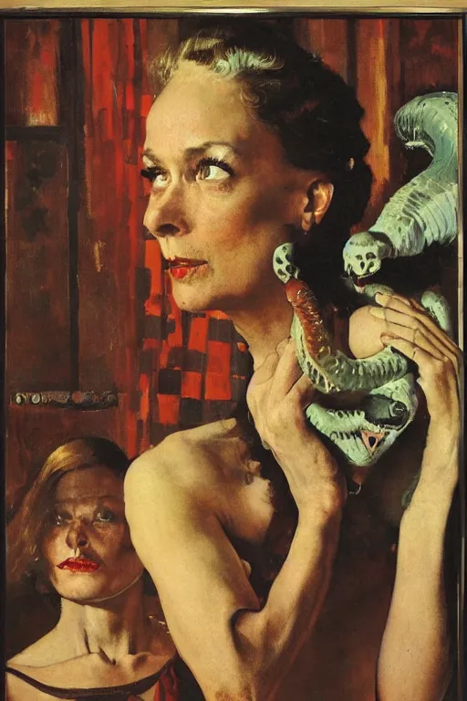 Prompt: portrait of fierce woman as with human head and serpent's body, norman rockwell, jacob collins, tom lovell, frank schoonover