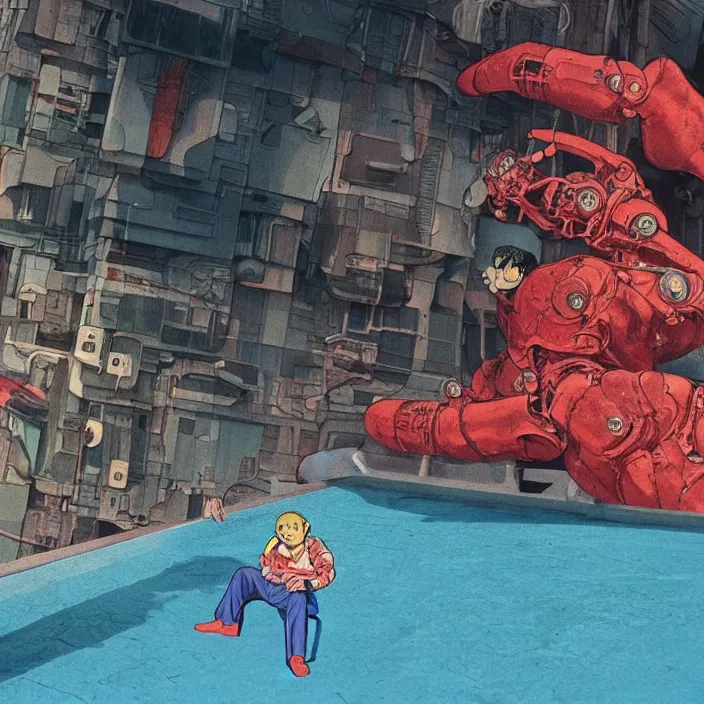 Image similar to a scene from akira, 1 9 7 0 s british kids tv programme by the bbc and oliver postgate, stop motion animation, fractal cyborg ninja sitting by the pool, highly detailed, photorealistic, octane render, 8 k, unreal engine, art by todd mcfarlane, artgerm, greg rutkowski, alphonse mucha