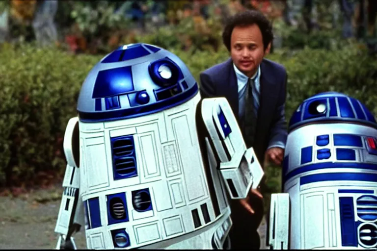 Image similar to a movie still from the 1989 romcom movie when Harry Met R2D2 starring Billy Crystal