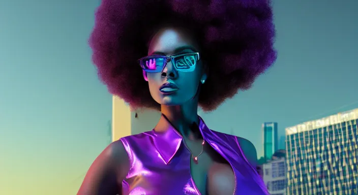 Prompt: portrait of beautiful cyberpunk black woman with afro hair, rio de janeiro pao de acucar corcovado ipanema on the background, blue and purple digital art trending on artstation, beeple, soft lighting, bokeh, vibrant colors