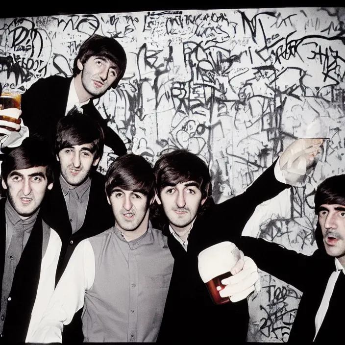 Prompt: The four Beatles drink beer in a 1980s underground club, graffiti on the walls, photo by annie leibovitz, shot on a Mamiya RZ67, 4k