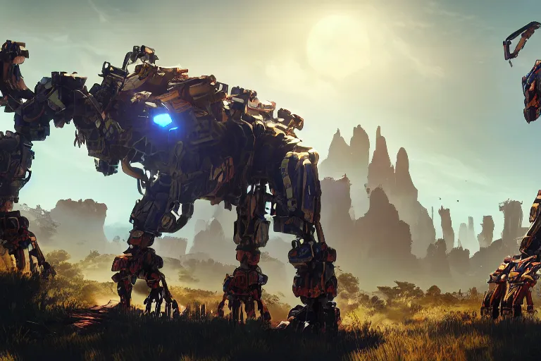 Image similar to scrapper machine mecha animal beast robot of horizon forbidden west horizon zero dawn bioluminiscence global illumination ray tracing hdr fanart arstation by sung choi and eric pfeiffer and gabriel garza and casper konefal