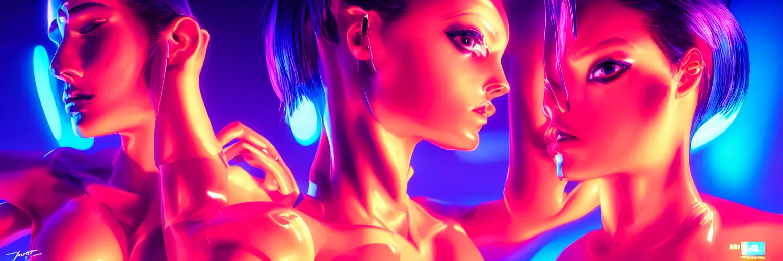 Prompt: 2 0 0 mm lens photography of a few female humanoid cropped tight portrait, cyberpunk high fashion, elegant profile pose, cyber neon lighting, retro futurism, retro futuristic glossy latex bikini, bokeh background, profile posing, hyper photorealistic, crispy quality, digital photography, art by pascal blanche, art by artgerm, art by greg rutkowski,