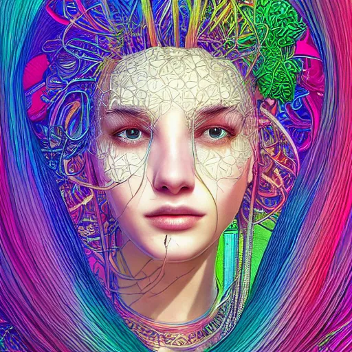 Image similar to the portrait of an unbelievably beautiful woman partially made of rainbow onions, an ultrafine detailed illustration by james jean, final fantasy, intricate linework, bright colors, behance contest winner, vanitas, angular, altermodern, unreal engine 5 highly rendered, global illumination, radiant light, detailed and intricate environment