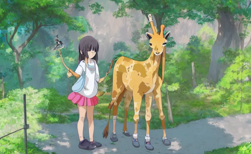 Prompt: anime girl spending her day at the zoo, feeding a giraffe, a Studio Ghibli style scene, digital art, 4k