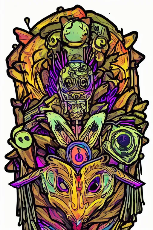 Image similar to animal mask totem roots flower tribal feather gemstone plant wood rock shaman vodoo video game vector cutout illustration vivid multicolor borderlands comics by josan gonzales and dan mumford radiating a glowing aura