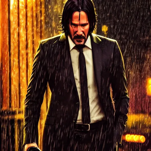 Image similar to john wick playing a guitar in the rain photorealistic realistic dramatic cinematic photography