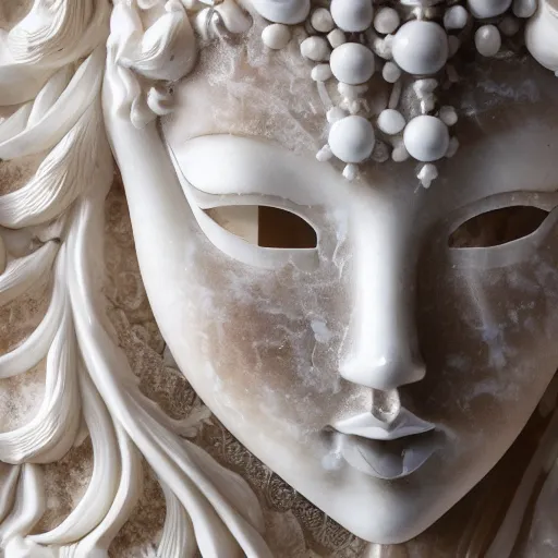 Image similar to photography of a venetian woman mask sculpted in white opalescent marble, with lots of thin ornaments, fractal art, intricate, 8 k, white box, cinematic light