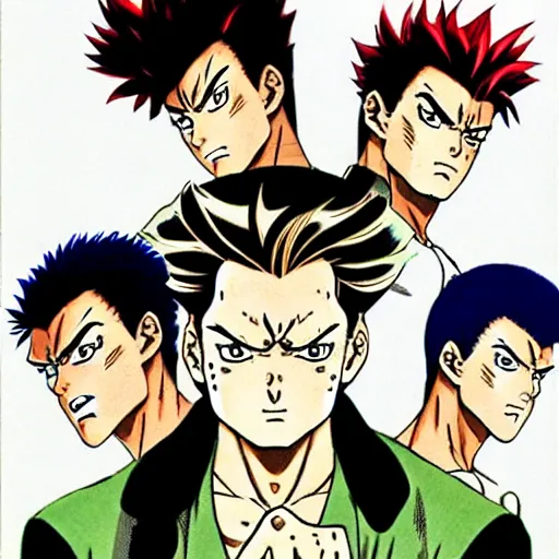 Image similar to young boy angry, kuwabara hairstyle, art by hirohiko araki, jotaro kujo, kakyoin, manga page, action pose, manga cover