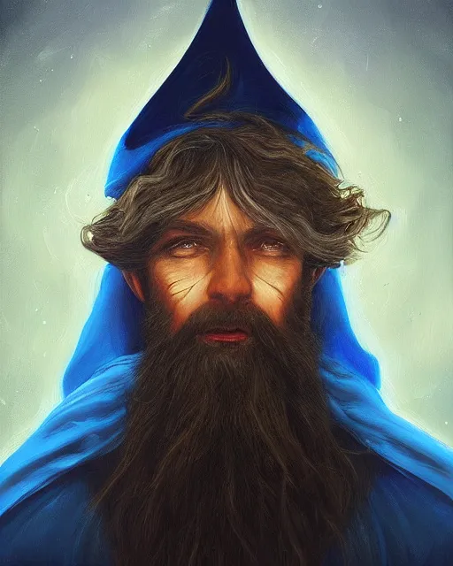 Image similar to Hyper realistic painting of a wizard in a blue robe, by Anato Finnstark, detailed, beautiful, trending on artstation