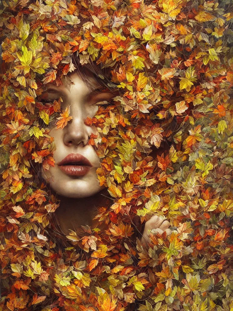 Prompt: a chaotic tornado of autumn leaves, intricate details, aesthetically pleasing and harmonious natural colors, art by marco mazzoni, impressionism, detailed, dark, wind