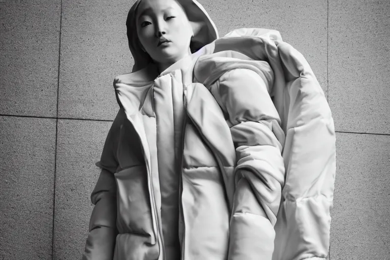 Image similar to well lit fashion shoot portrait of extremely beautiful female marble statue wearing huge over size puffer jacket by dingyun zhang, yeezy, balenciaga, vetements, a cold wall, sharp focus, clear, detailed,, cinematic, detailed, off white, glamourous, symmetrical, vogue, editorial, fashion, magazine shoot, glossy