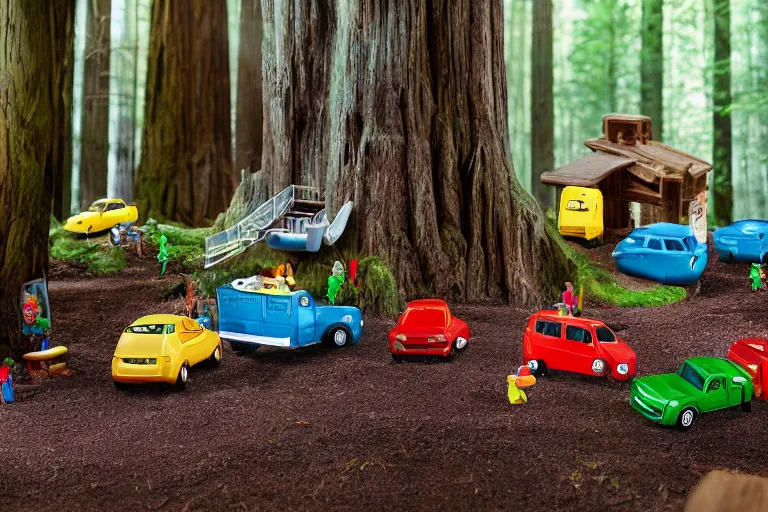 Image similar to fisher price redwood forest, california scene from tv show hyper detailed 5 5 mm 8 5 mm, toy photography, plastic coated