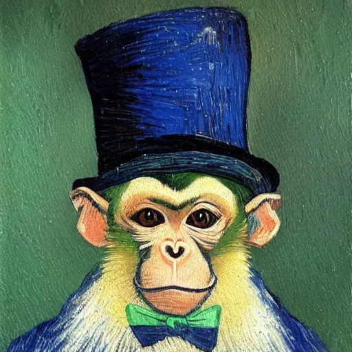 Image similar to a beautiful oil painting of a monkey in a blue top hat , 8k , award winning , made in 1800's , old , painted by vincent van gogh