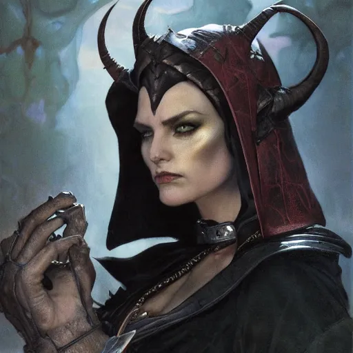 Prompt: far portrait of a surly and resentful female tiefling thief with small horns clothed in leather armor and a cloak, angry expression, by Greg Rutkowski and John Collier and Krenz Cushart and Artem Demura and Alphonse Mucha and Albert Aublet, as seen on ArtStation, 4k, dungeons and dragons, very aesthetic, very detailed, intricate, unreal, fantasy, dramatic, painterly, artstation, sharp focus, smooth