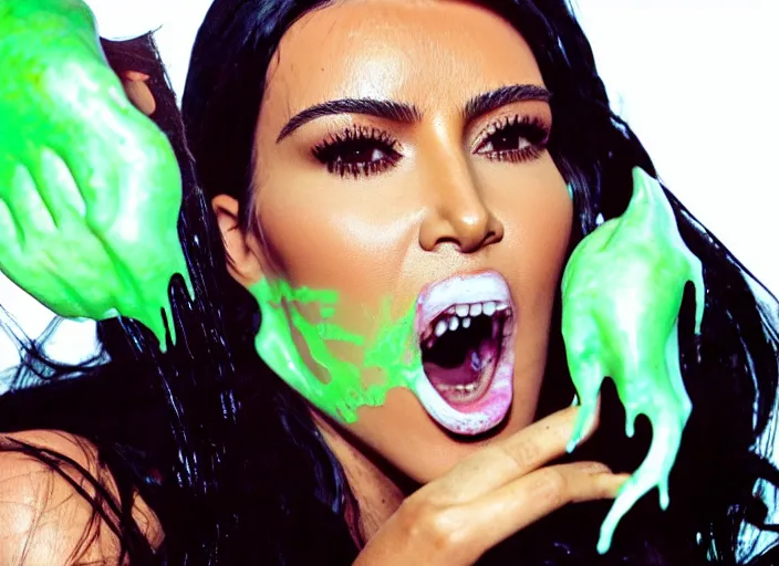 Image similar to film still of kim kardashian ingesting alien goo from the mouth of an xenomorph, transparent goo, transparent liquid, saliva, 8 k