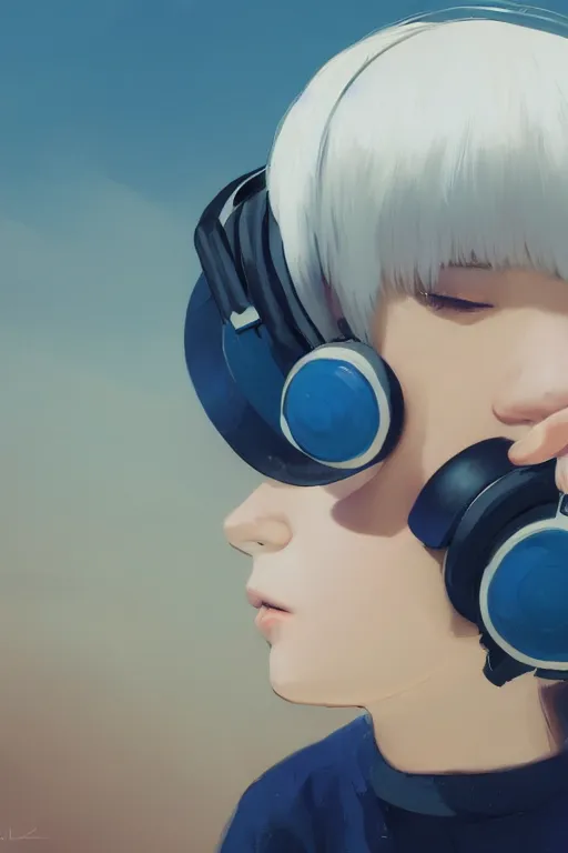 Prompt: a cute young woman listening to music with her eyes closed and wearing headphones by Ilya Kuvshinov, white bob cut hair, freckles, dark thunderclouds in the backround, blue filter, blue and white, vivid colors, soft lighting, cinematic, moody, nier automata, poster, oil on canvas, 8k