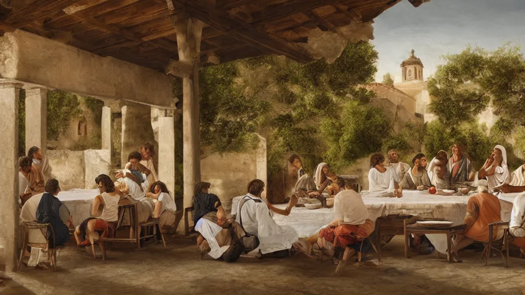 Prompt: tennis players seating in the scene of the last supper, under the porch of a typical portuguese house, with typical alentejo landscape in the back, sunny morning, matte painting, oil canvas, photorealistic illustration, extreme detail, hyper realistic, highly detailed, digital art