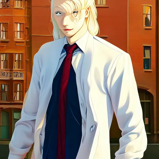 Prompt: portrait of the immensely handsome model Stephen Fry with beautiful long pale blond hair, albino white pale skin, posing for a photoshoot in the golden hour, white dress shirt open at the chest, broad shoulders and huge thick arms, ambient lighting, 4k, anime key visual, lois van baarle, ilya kuvshinov, rossdraws, artstation