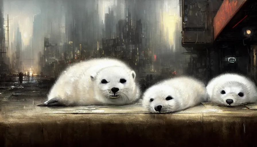Image similar to highly detailed painting of cute furry white baby seals cuddled up in a cardboard box in a dystopian cyberpunk street by william turner, by greg rutkowski, thick brush strokes and visible paint layers, 4 k resolution, retrowave colour scheme