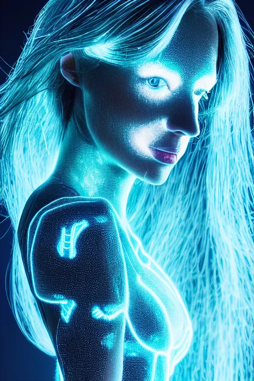 Image similar to bioluminescent long exposure light painting of a beauteous biomechanical practical sumptuous full frame photo realistic face, lifelike incredible hair, crystalline masterpiece incrustations, hyperdetailed face, elegant pose, movie still, intricate, octane render, cinematic forest lighting,