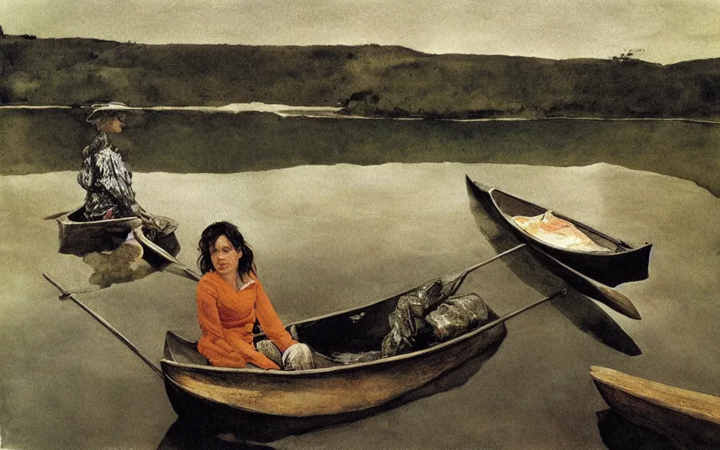 Prompt: “ a girl sitting in canoe on a river drinking beer, by andrew wyeth ”