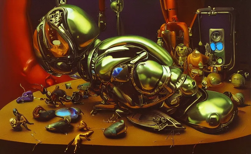 Image similar to strange seductive futuristic robot body, enticing colorful oil painting dutch golden age vanitas longing sensual still life sparse composition with bulbous objects strange gooey transparent surfaces shiny metal reflections bizarre mutant meat insects rachel ruysch dali todd schorr very detailed perfect composition rule of thirds masterpiece canon 5 0 mm, cinematic lighting, photography, retro, film, kodachrome
