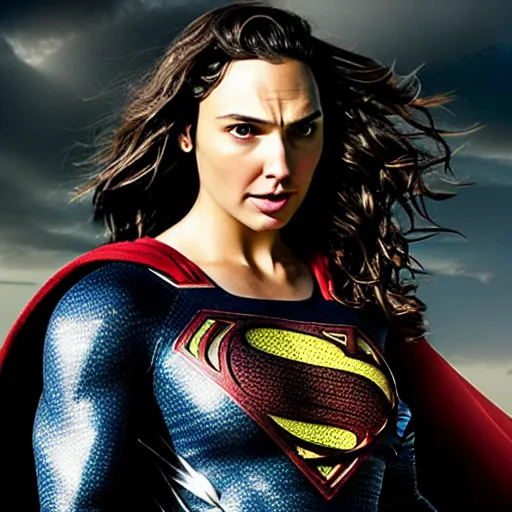 Image similar to an potrait of gal gadot play Man of Steel replacing Henry Cavill, photorealistic, high detail, photo studio, testing custom, 4k