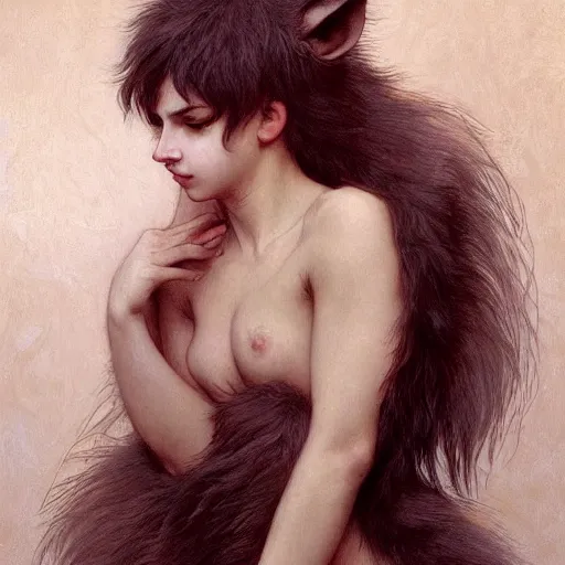 Image similar to portrait of a rat girl, furry body, furry pelt, full body, intricate, elegant, highly detailed, digital painting, artstation, concept art, smooth, sharp focus, illustration, art by artgerm and greg rutkowski and alphonse mucha and william - adolphe bouguereau