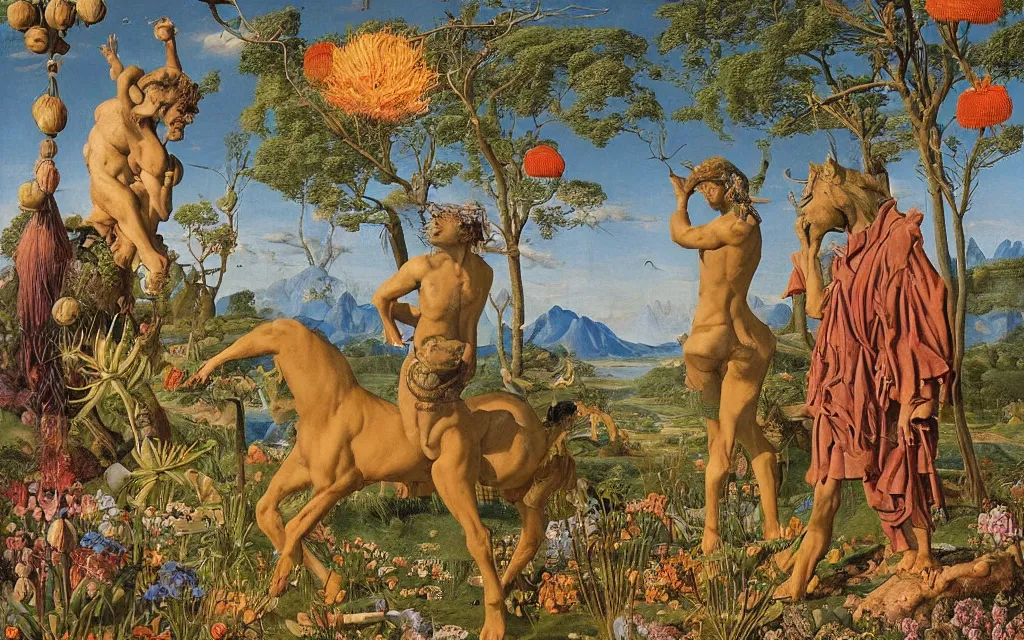 Image similar to a portrait photograph of a meditating satyr and a centaur monk riding a rocket machine and hunting at a river delta. surrounded by bulbous flowers and trees. mountain range under a blue sky of fiery stars. by jan van eyck, max ernst, ernst haeckel, ernst fuchs and artgerm, cgsociety, fashion editorial, 8 k