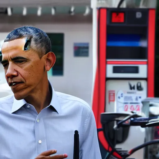 Image similar to barack obama at a gas station, with a fade haircut, wearing ripped jeans, photograph, 4 k