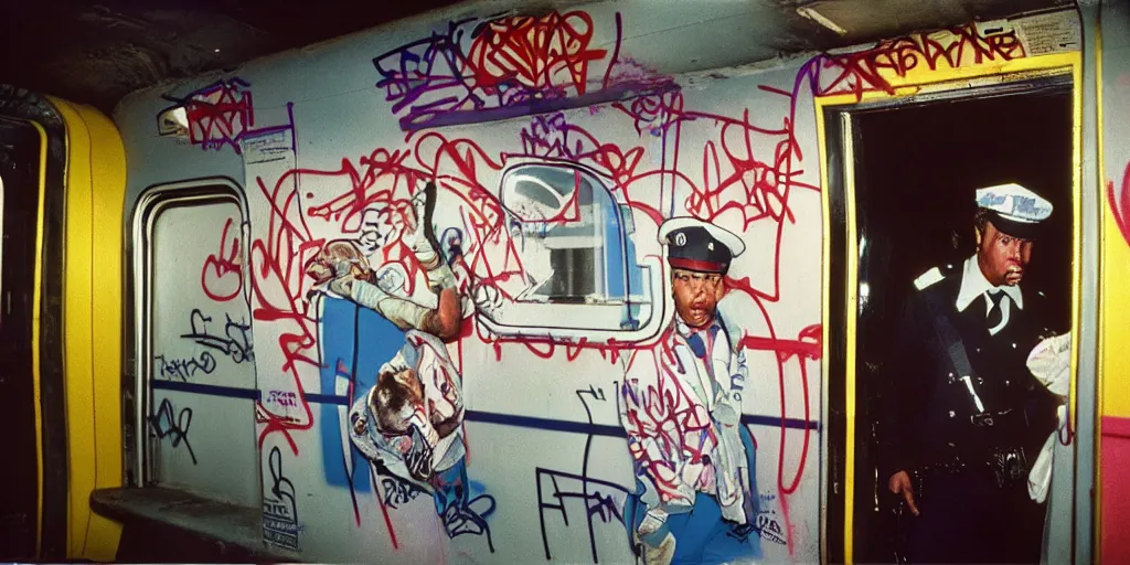 Image similar to new york subway cabin 1 9 8 0 s inside all in graffiti, 1 9 8 0 s policeman with the k - 9 dog, coloured film photography, christopher morris photography, bruce davidson photography