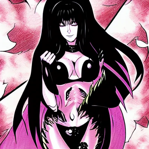 Prompt: Elvira in a dark comic book, the dark goddess summons evil, manga style artwork