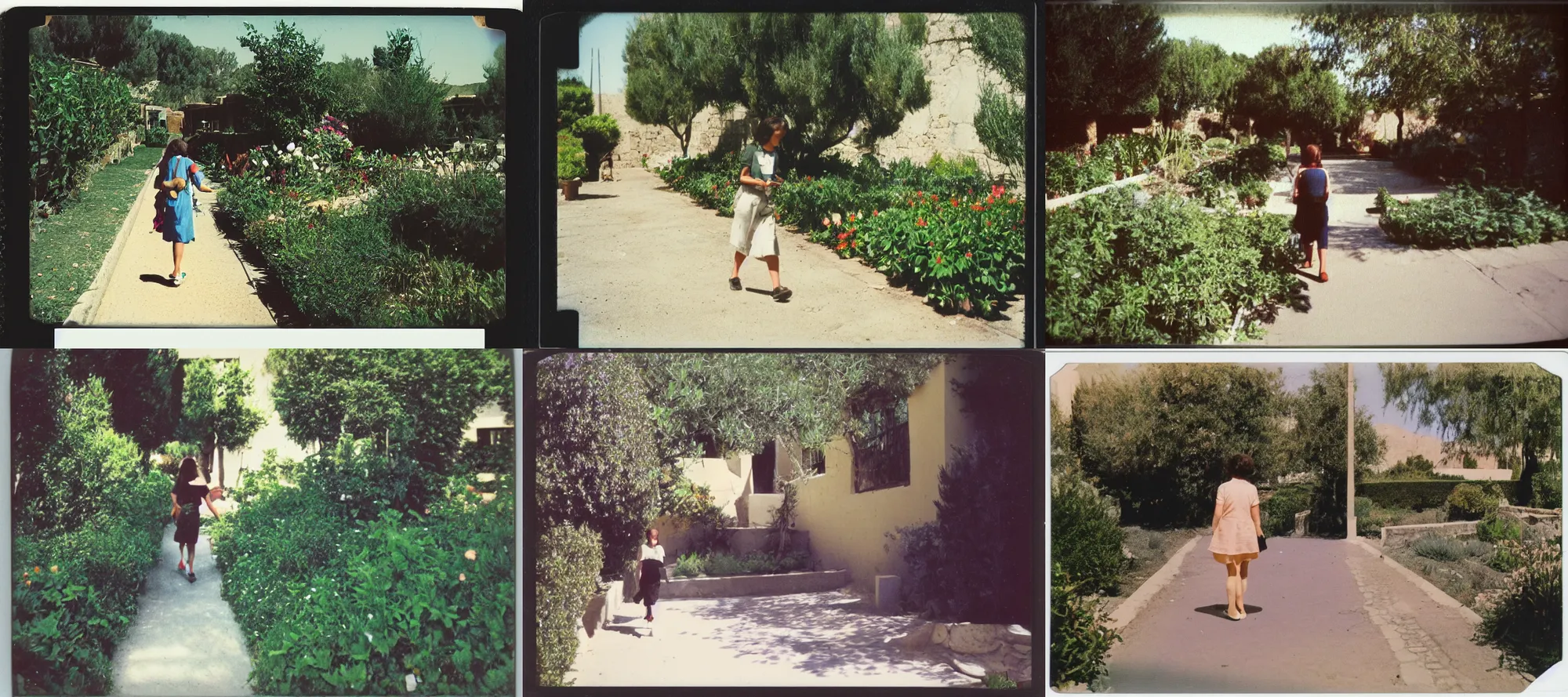 Prompt: a polaroid photo cretan school 2001 by Elbridge Ayer Burbank flickr a woman walking down a sidewalk next to a garden photo taken with fujifilm superia garden gardens horticultural photo taken with ektachrome photo taken with provia