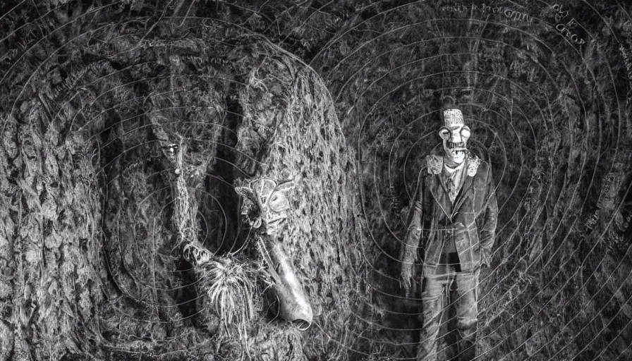 Prompt: high realistic photo portrait of a man with a taxidermic meat mask and elaborate jewel in a liminal space style tunnel, early black and white 8mm, heavy grain, high quality,