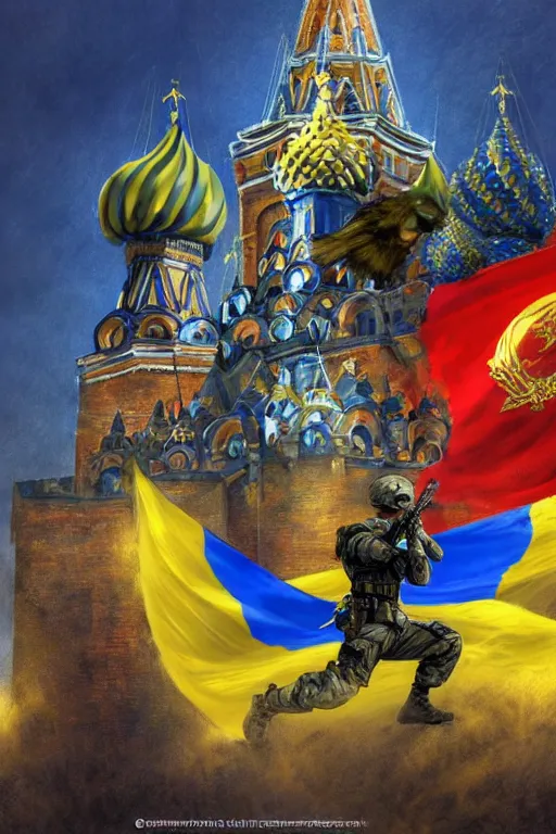 Image similar to special forces soldier installin ukrainian blue and yellow flag on red square kremlin, masculine figure, d & d, fantasy, bright atmosphere, volumetric lights, intricate, elegant, extremely detailed, digital painting, artstation, concept art, matte, smooth, sharp focus, hyper realistic, illustration, art by artgerm and greg rutkowski and alphonse mucha