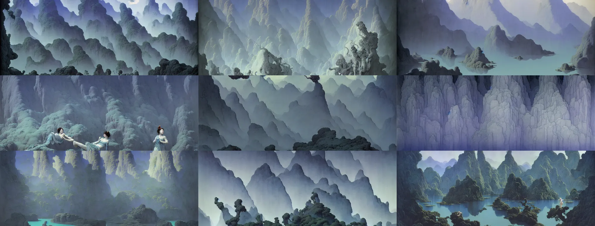 Image similar to a gorgeous painting by barlowe wayne maxfield parrish and marco mazzoni. sapa in china. grey blue. ultra clear detailed. 3 d, octane render. turbulent blood lake. 8 k