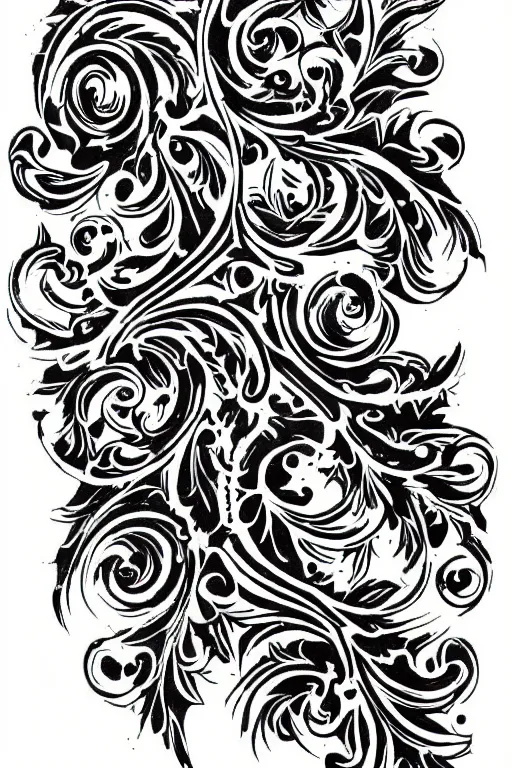 Image similar to tattoo design on paper, leafy baroque patterns, heavy black ink, monotone, highly detailed