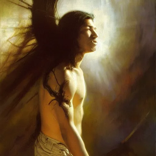 Prompt: a latino teenage boy with long black hair opens a portal to nowhere. dramatic. cinematic. holy. saintly. demigod. detailed. sharp. photo realistic. realism. gaston bussiere. phil hale