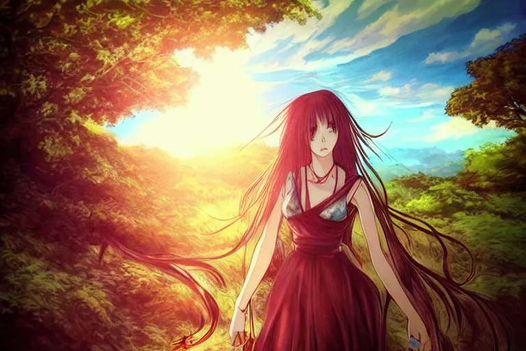 Image similar to woman, anime, fantasy, pen painting, ultra realistic!!!, hdr, clear weather, golden hour, sharp focus