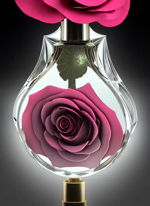 Image similar to perfume bottle standing on a biomechanical black enchanted vanity mirror made of corals, daisies, roses in an ivory room well contoured smooth fair walls, up close shot, sharp focus, global illumination, radiant light, alexandre ferra white mecha, irakli nadar, octane highly render, 4 k, ultra hd,