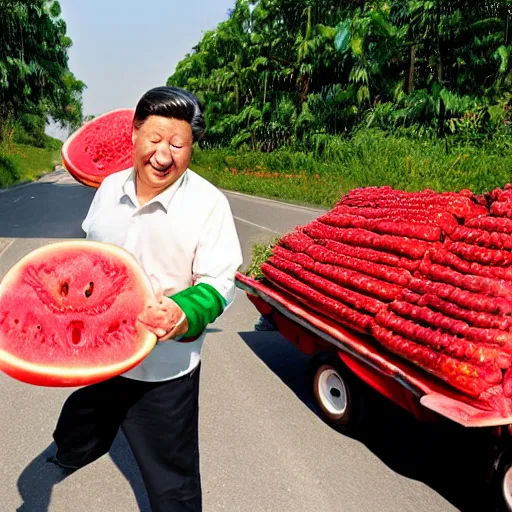 Image similar to xi jinping selling watermelons on the side of the road