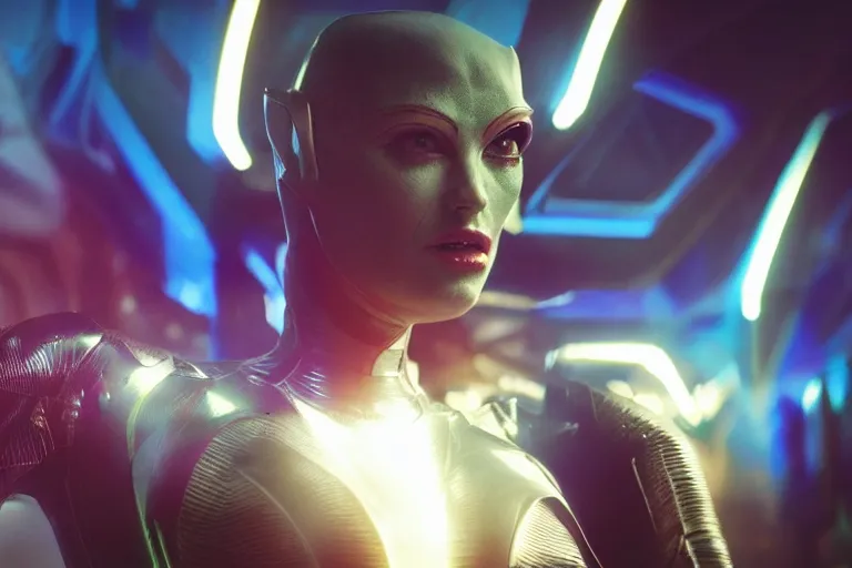 Image similar to VFX movie closeup portrait of a futuristic inhuman alien hero woman in spandex armor in future city, landing pose neon lighting by Emmanuel Lubezki