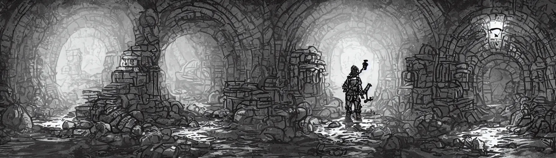 Prompt: an adventurer with a torch stands in a long twisting sewer tunnel. a waist - deep stream with brackish water flows through. fantasy art, underground, crumbling masonry, bleak, sewage falling from grates, abandoned spaces, torchlight. concept art for darkest dungeon.