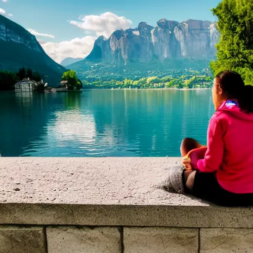 Image similar to woman sitting on a small wall at the lake of annecy, looking at the mountains in the distance. city photography, beautiful lighting