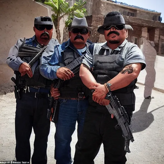 Image similar to the fearsome og shadow, mexican cartel leader, with his heavily armed men, award - winning photography