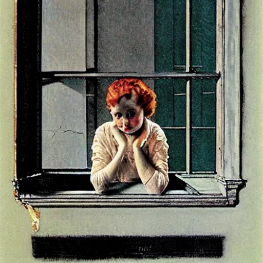 Prompt: vampire looking out her window from her apartment, by norman rockwell