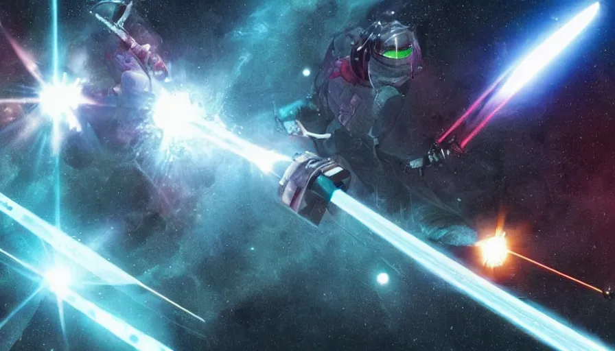 Prompt: big budget scifi movie about space wizards fighting with laser swords on a spaceship